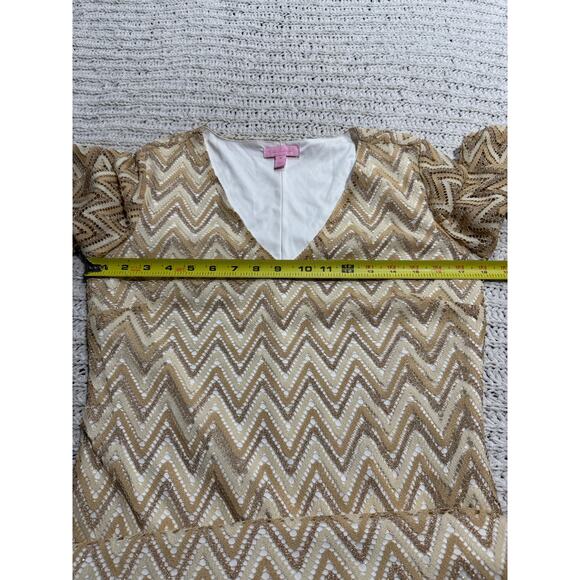 Lilly Pulitzer Jade Chevron Cocktail Dress Geo Lace Womens Size Medium Tan Gold - Picture 4 of 11